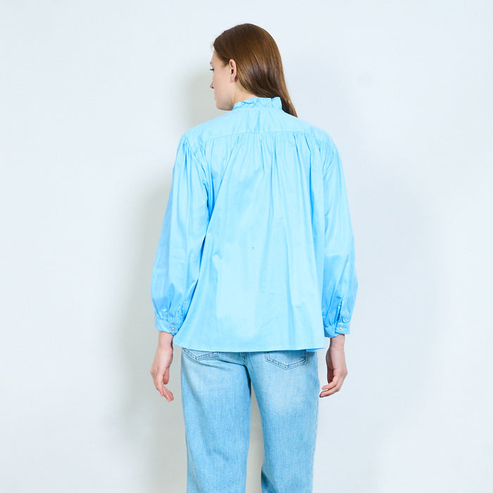 Ruffled stand collar button front blouse with gathered shoulders wholesale