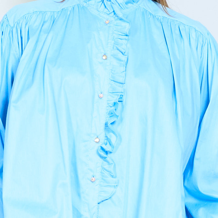 Ruffled stand collar button front blouse with gathered shoulders wholesale
