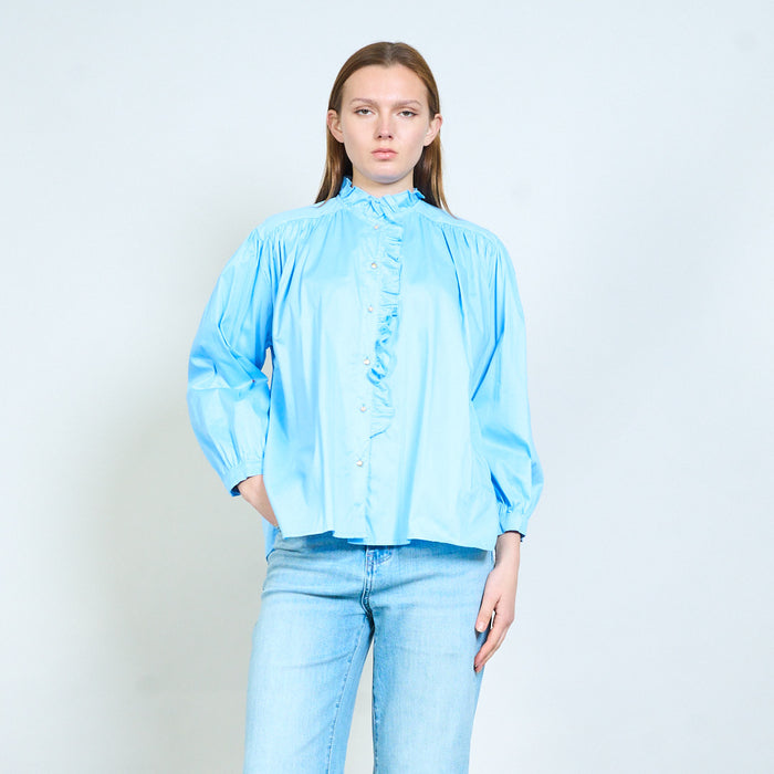 Ruffled stand collar button front blouse with gathered shoulders wholesale