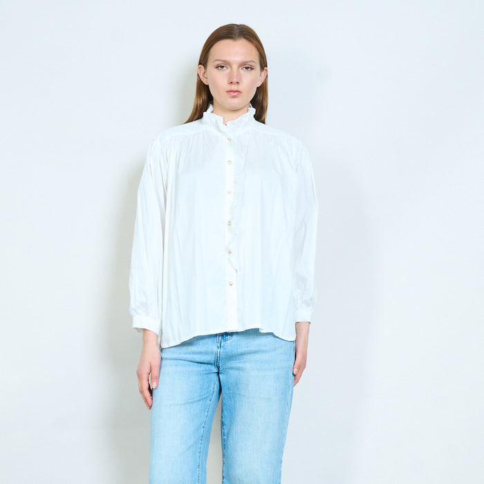 Ruffled stand collar button front blouse with gathered shoulders wholesale
