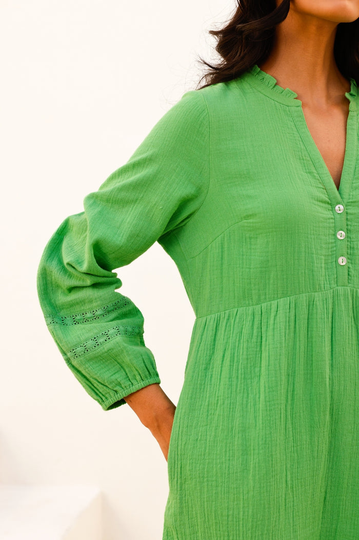 Sadie Organic Cotton Cheesecloth Dress | Green - Aspiga