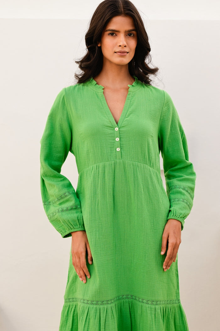 Sadie Organic Cotton Cheesecloth Dress | Green - Aspiga