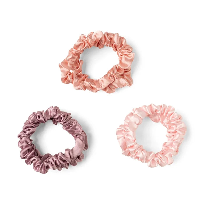 Set of three satin scrunchies in pink, peach, and mauve colors by DM Merchandising