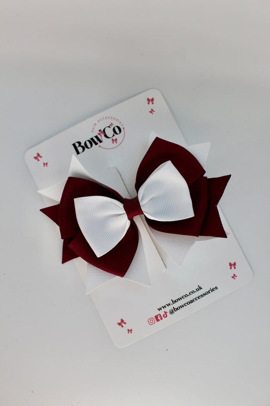 School Bow Burgundy and White Layer Bow - Clip