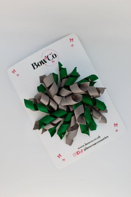 School Bow Forest Green and Grey - Corker Bow - Clip