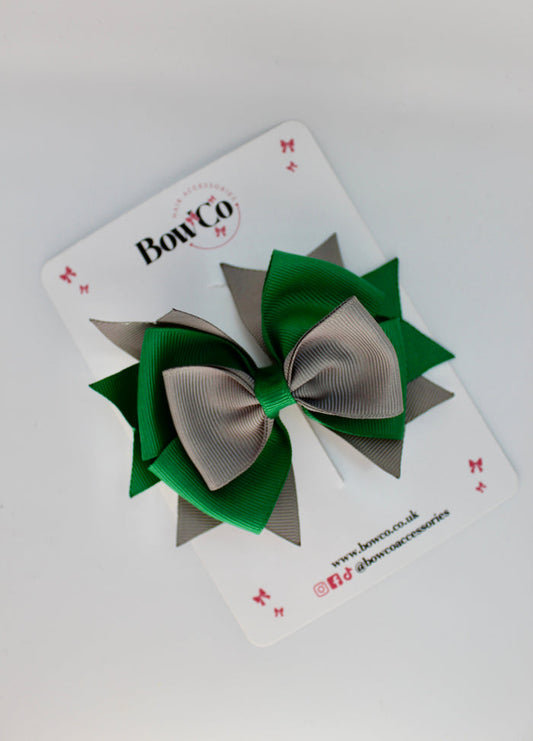 School Bow Forest Green and Grey Layer Bow - Clip