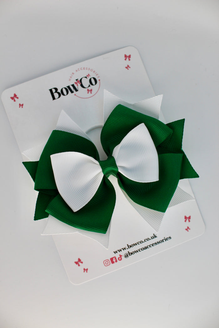 School Bow Forest Green and White - Layer Bow - Elastic