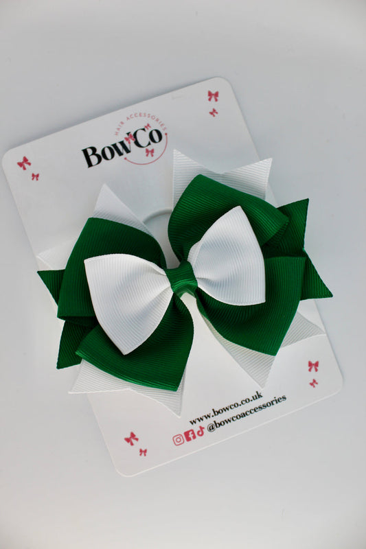 School Bow Forest Green and White - Layer Bow - Elastic
