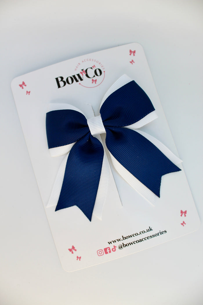 School Bow Navy Blue and White - Tail Bow Clip