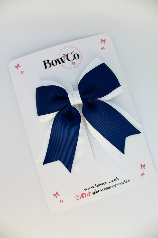 School Bow Navy Blue and White - Tail Bow Clip