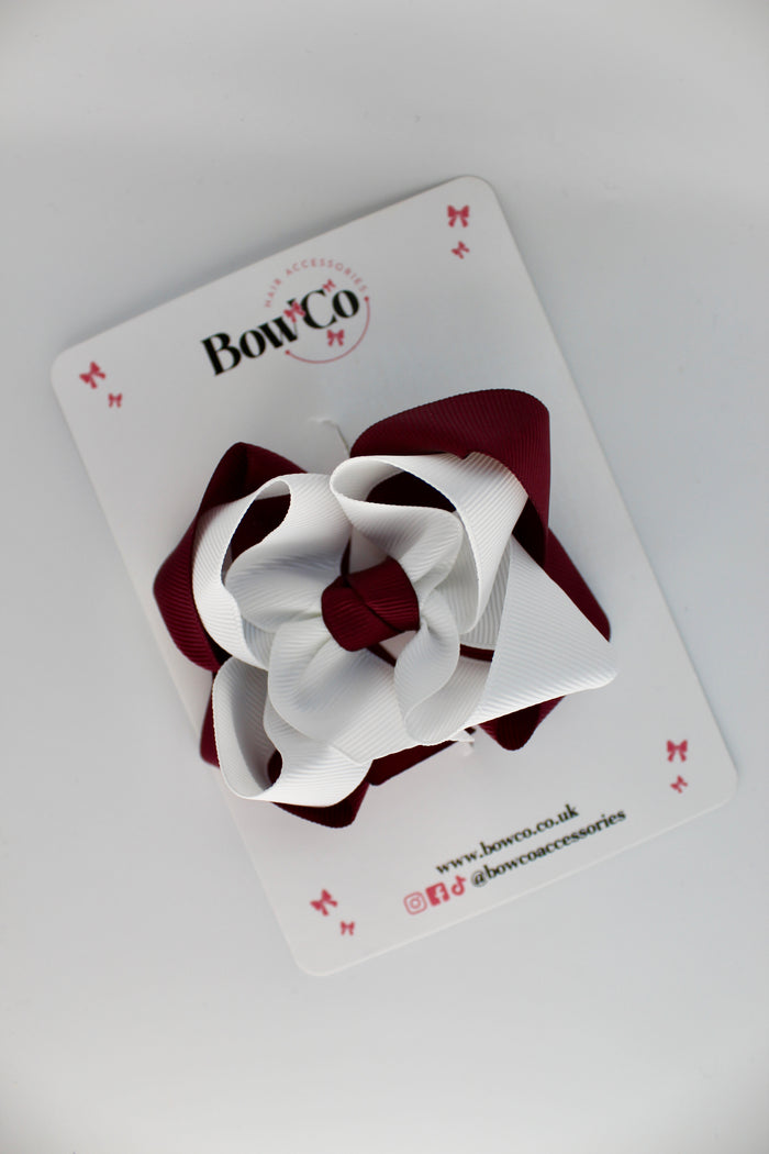 School Burgundy and White Double Loop Bow - Clip