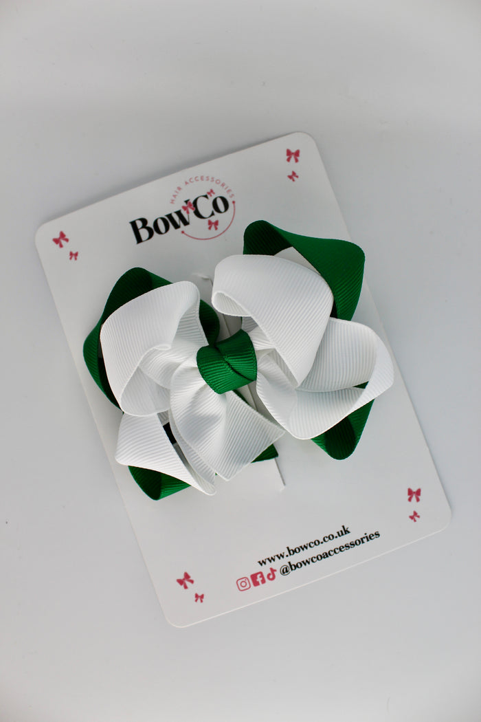 School Green and White Double Loop Bow - Clip