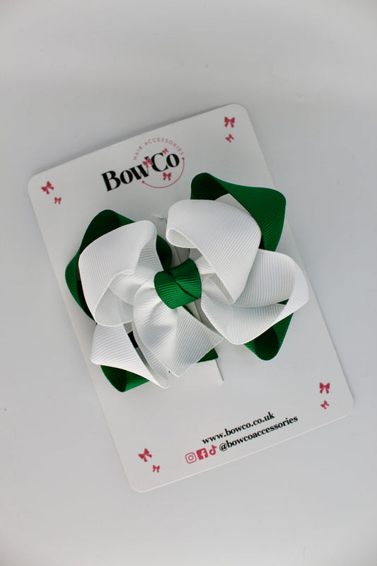 School Green and White Double Loop Bow - Clip
