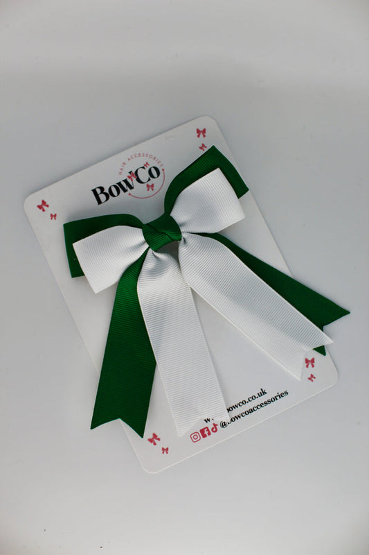 School Green and White Double Ribbon Tail Bow – Clip