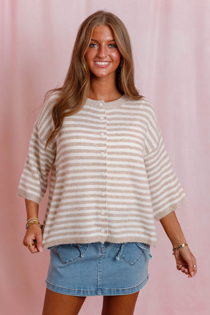 Taupe and Ivory Striped Cardigan- Women's Short Sleeve Button Sweater- Fall Sweaters for Women