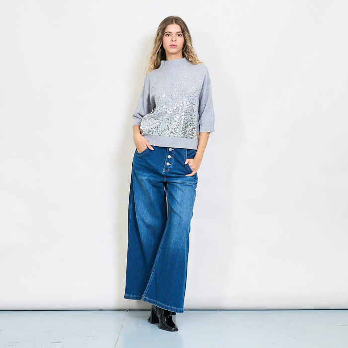 Sequin-embellished mock neck knit top with shimmer gradient wholesale