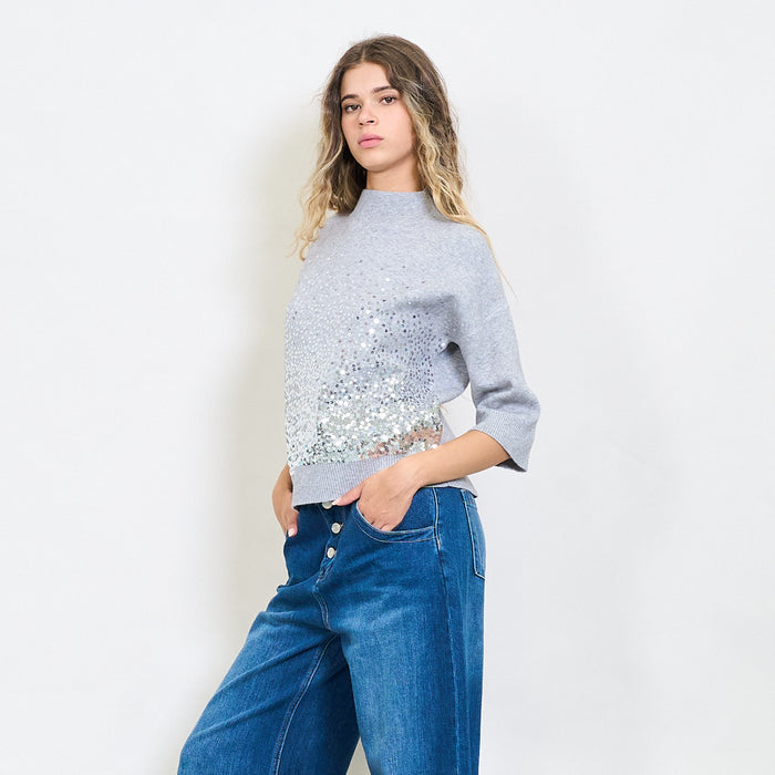 Sequin-embellished mock neck knit top with shimmer gradient wholesale