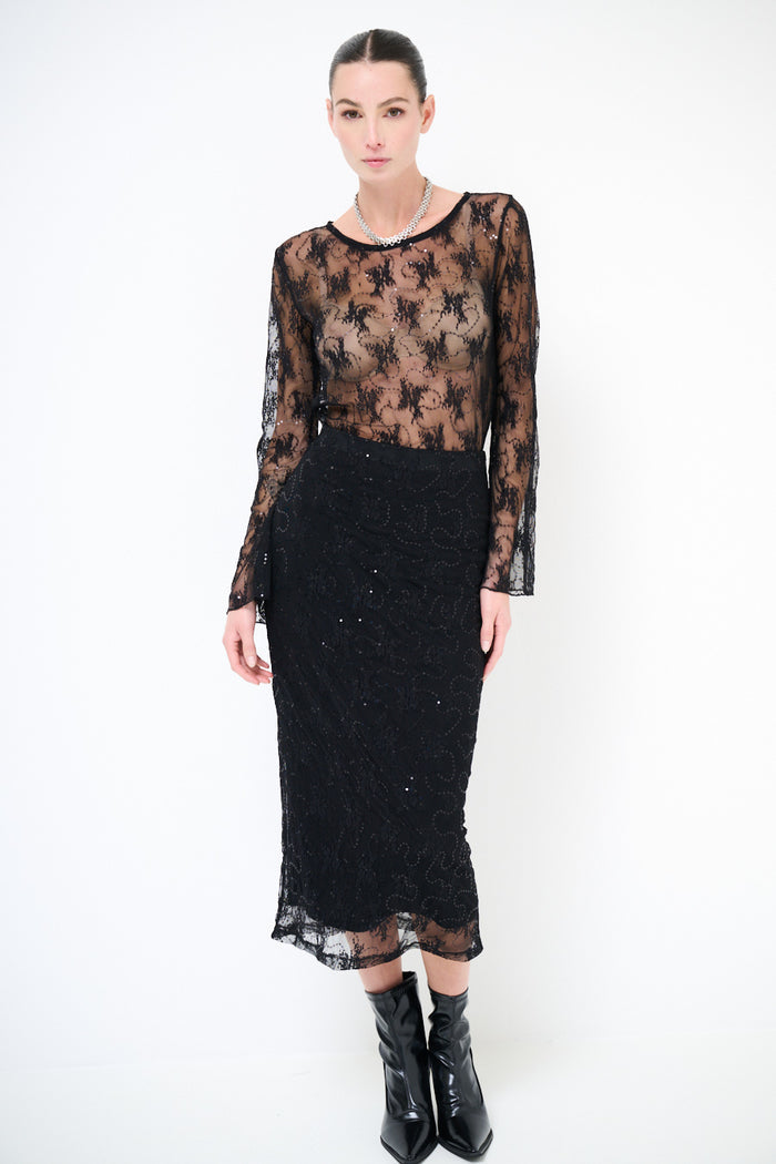 Sequins embellished lace fitted midi skirt wholesale