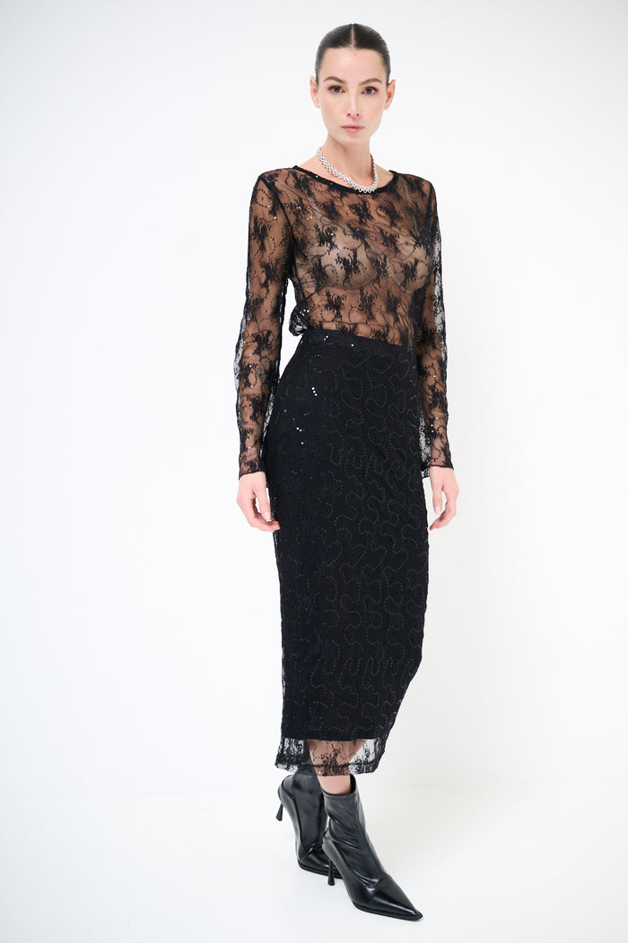 Sequins embellished lace fitted midi skirt wholesale