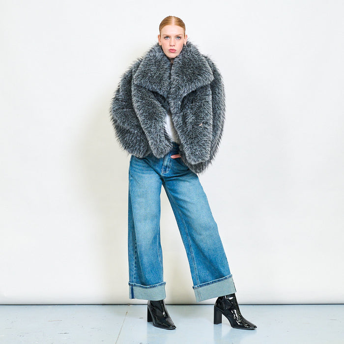 Shaggy short eco fur coat with wide collar wholesale