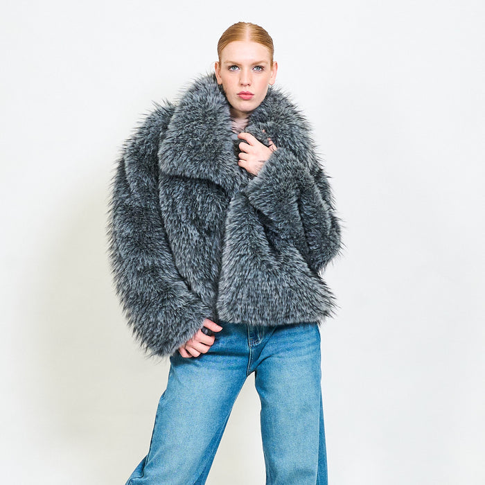 Shaggy short eco fur coat with wide collar wholesale
