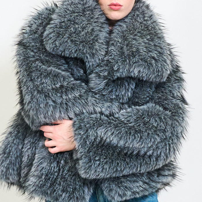 Shaggy short eco fur coat with wide collar wholesale