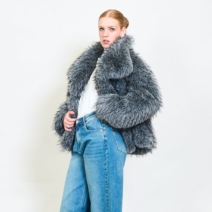 Shaggy short eco fur coat with wide collar wholesale