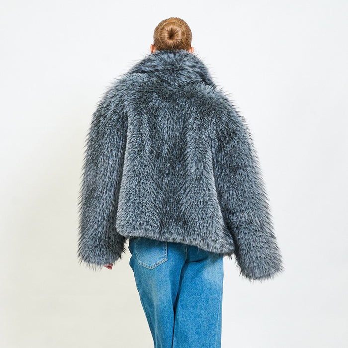 Shaggy short eco fur coat with wide collar wholesale