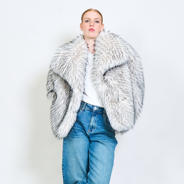 Shaggy short eco fur coat with wide collar wholesale