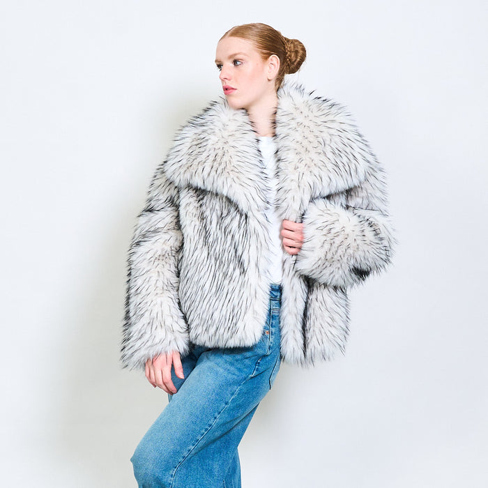 Shaggy short eco fur coat with wide collar wholesale