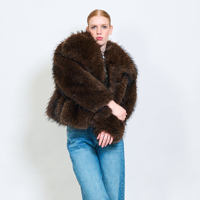 Shaggy short eco fur coat with wide collar wholesale