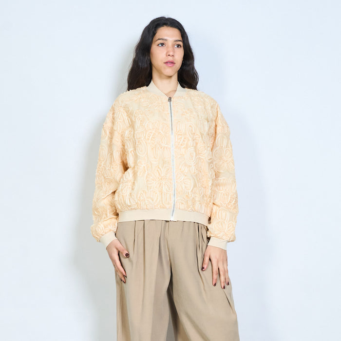 Sheer floral textured zip up bomber jacket wholesale