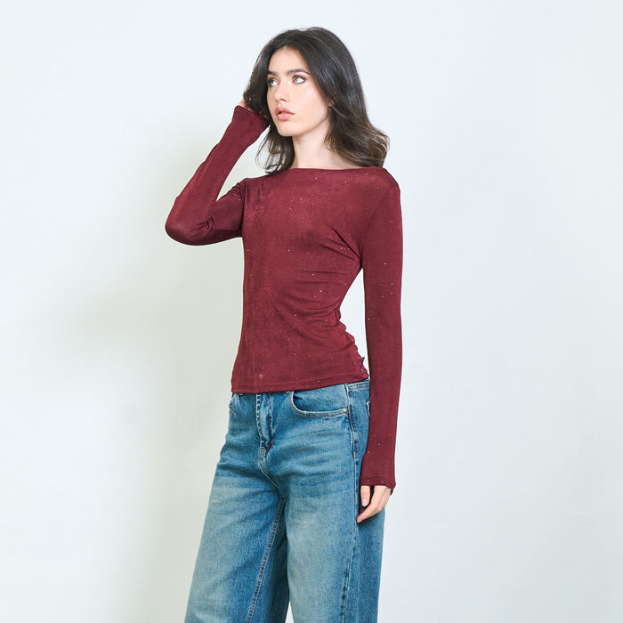 Sheer glitter round and scoop back blouse wholesale