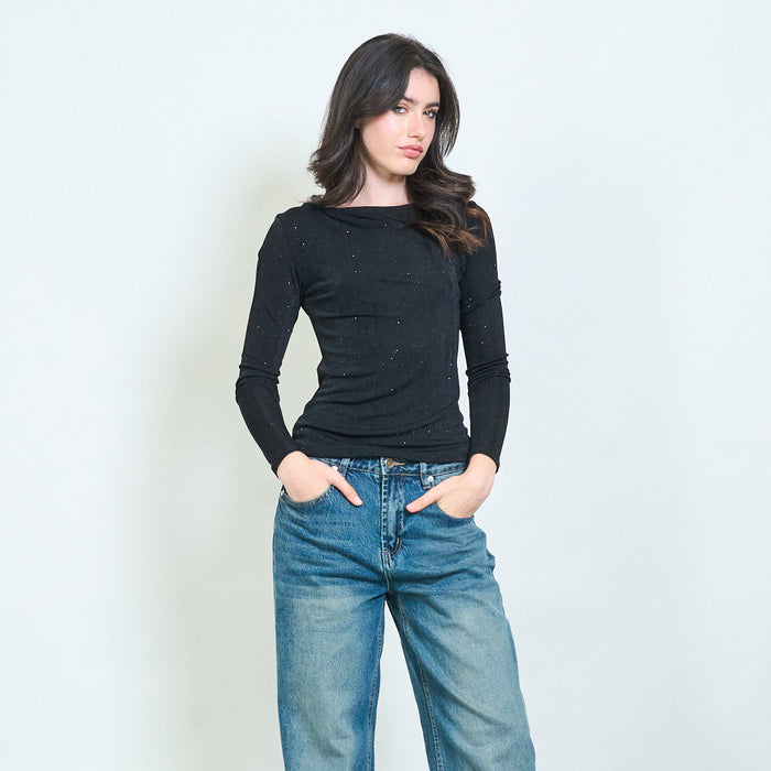 Sheer glitter round and scoop back blouse wholesale