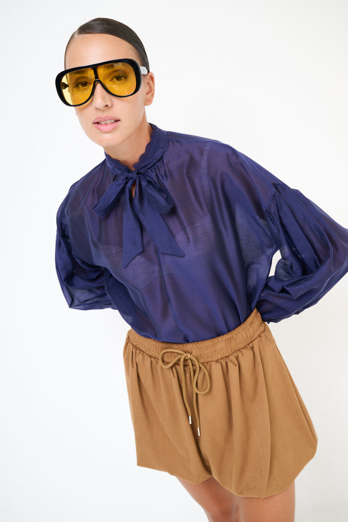 Sheer high neck blouse with bow tie detail wholesale