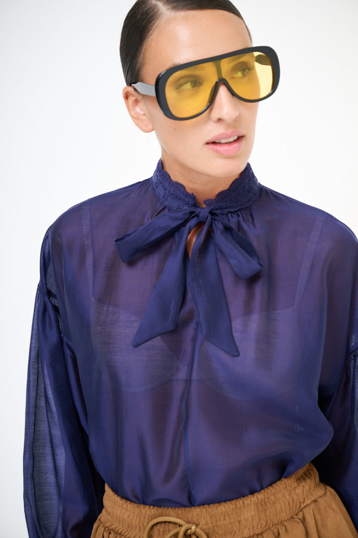 Sheer high neck blouse with bow tie detail wholesale