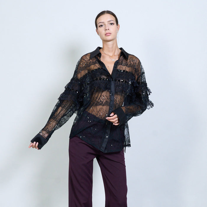 Sheer lace blouse with ruffle and sequin details wholesale