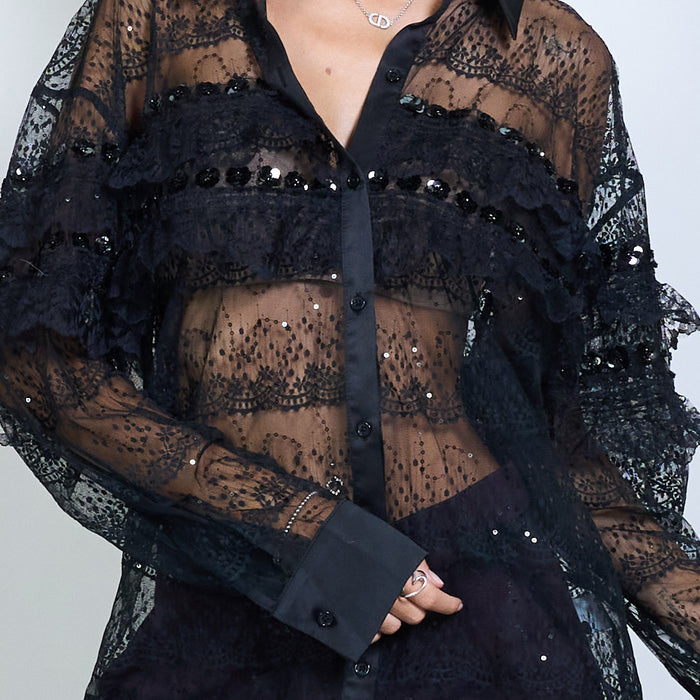 Sheer lace blouse with ruffle and sequin details wholesale
