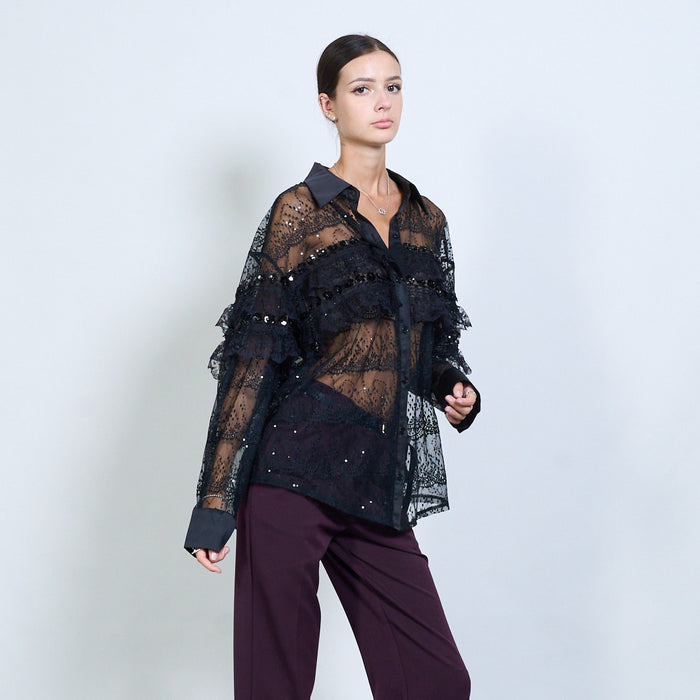Sheer lace blouse with ruffle and sequin details wholesale