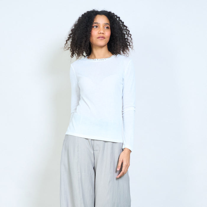 Sheer lightweight top with embellished neckline long sleeve blouse wholesale