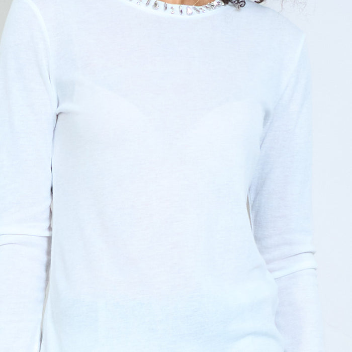 Sheer lightweight top with embellished neckline long sleeve blouse wholesale