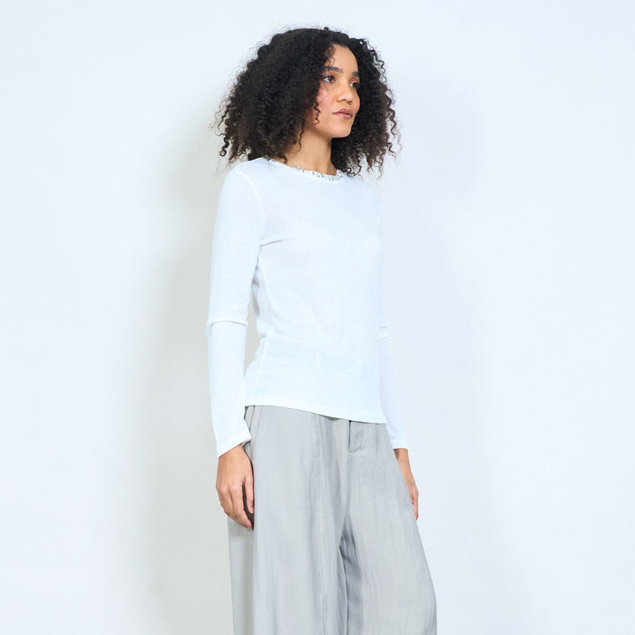 Sheer lightweight top with embellished neckline long sleeve blouse wholesale