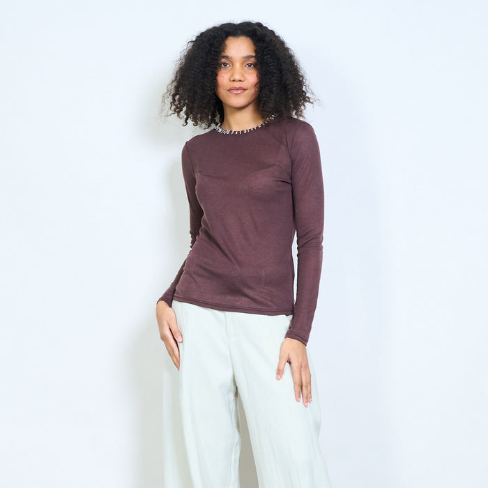 Sheer lightweight top with embellished neckline long sleeve blouse wholesale
