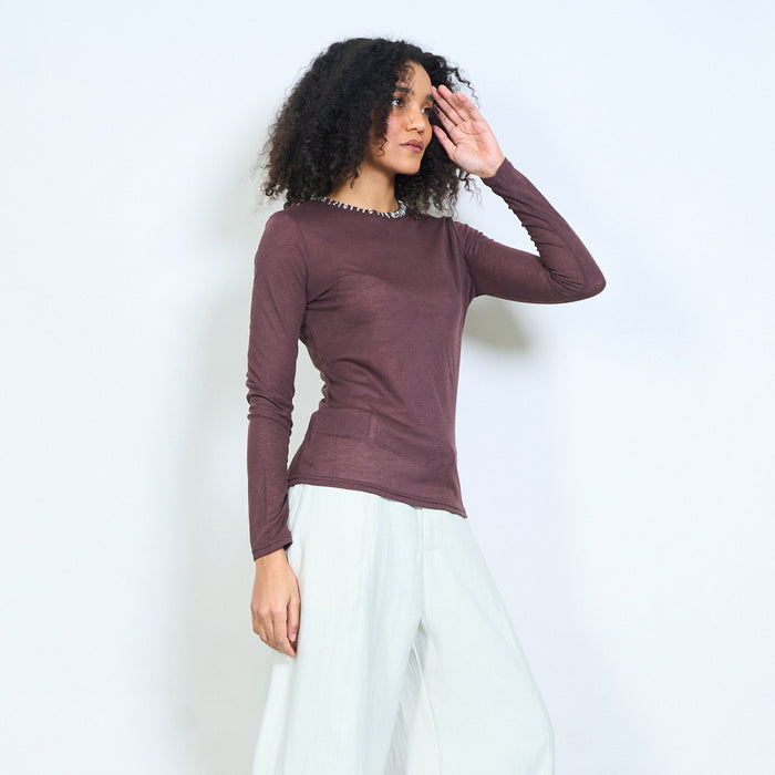 Sheer lightweight top with embellished neckline long sleeve blouse wholesale