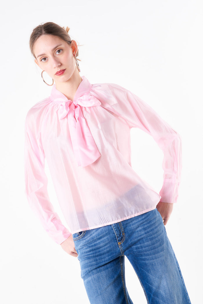 Sheer satin bow tie neck blouse with gathered neckline and elastic hem wholesale