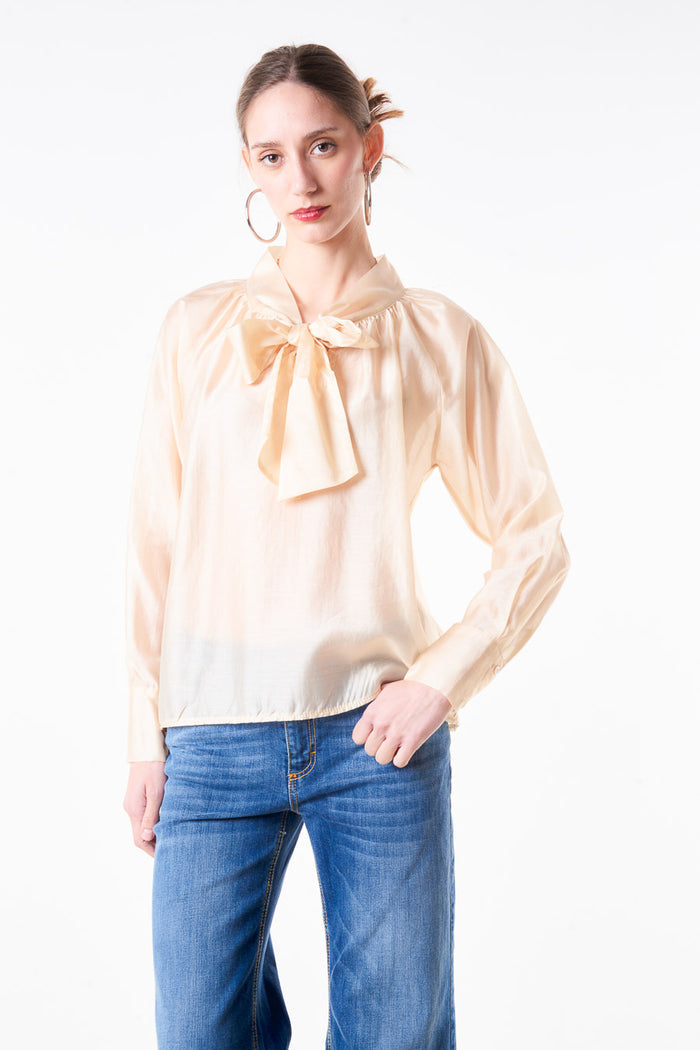 Sheer satin bow tie neck blouse with gathered neckline and elastic hem wholesale
