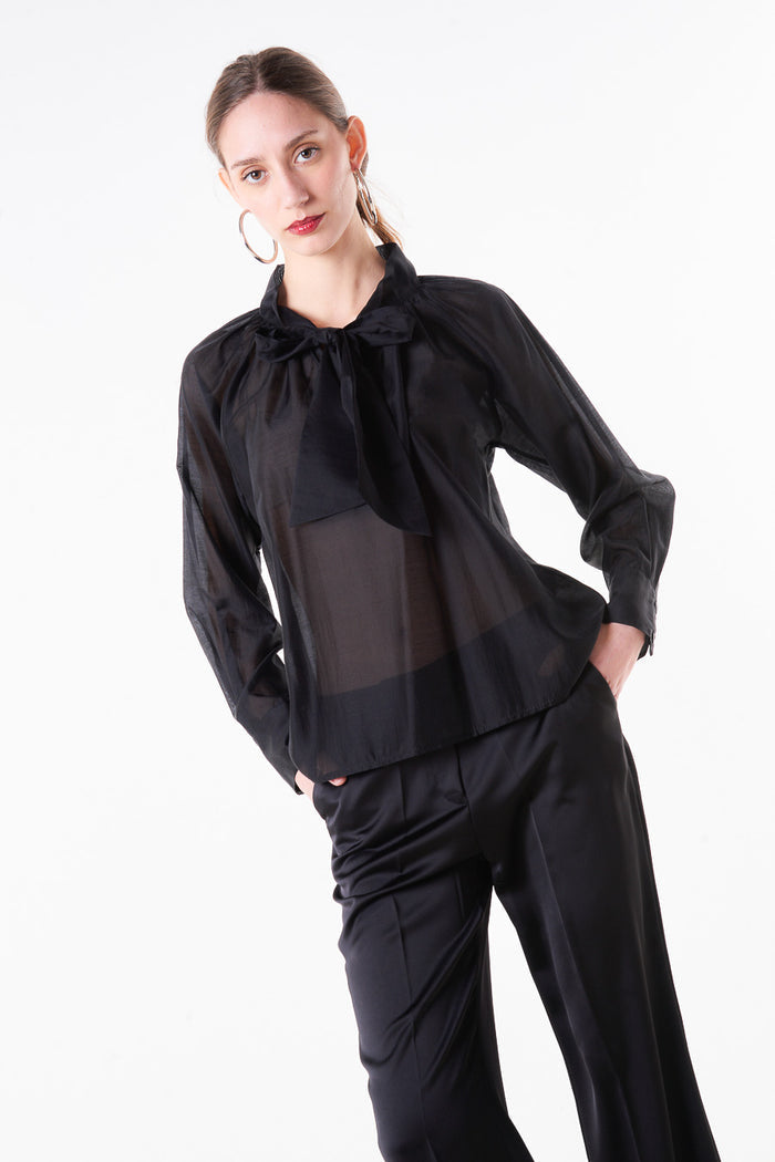 Sheer satin bow tie neck blouse with gathered neckline and elastic hem wholesale