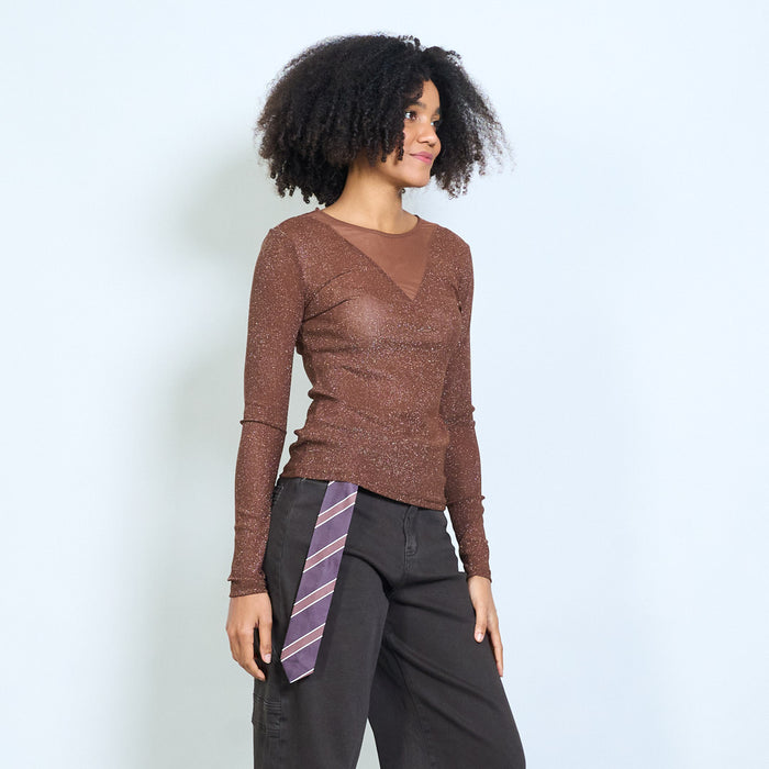 Sheer shimmer mesh long sleeve fitted top wholesale