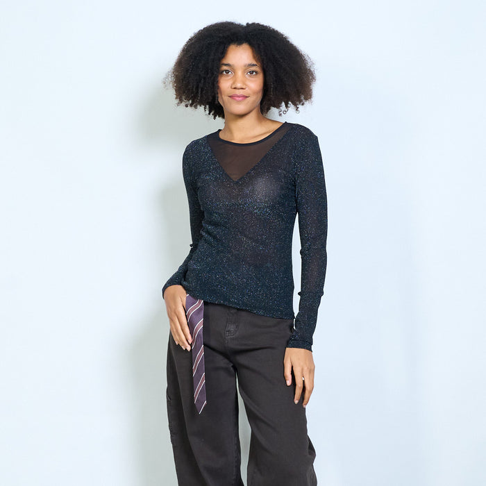 Sheer shimmer mesh long sleeve fitted top wholesale