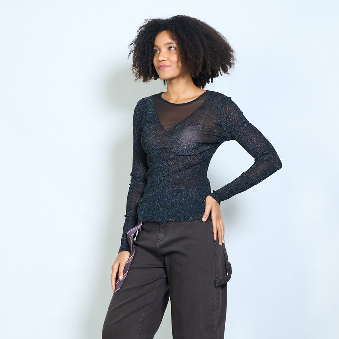 Sheer shimmer mesh long sleeve fitted top wholesale